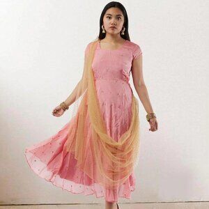 EthnoChic Pink Banarasi Georgette Dress | Muvvas Boutique